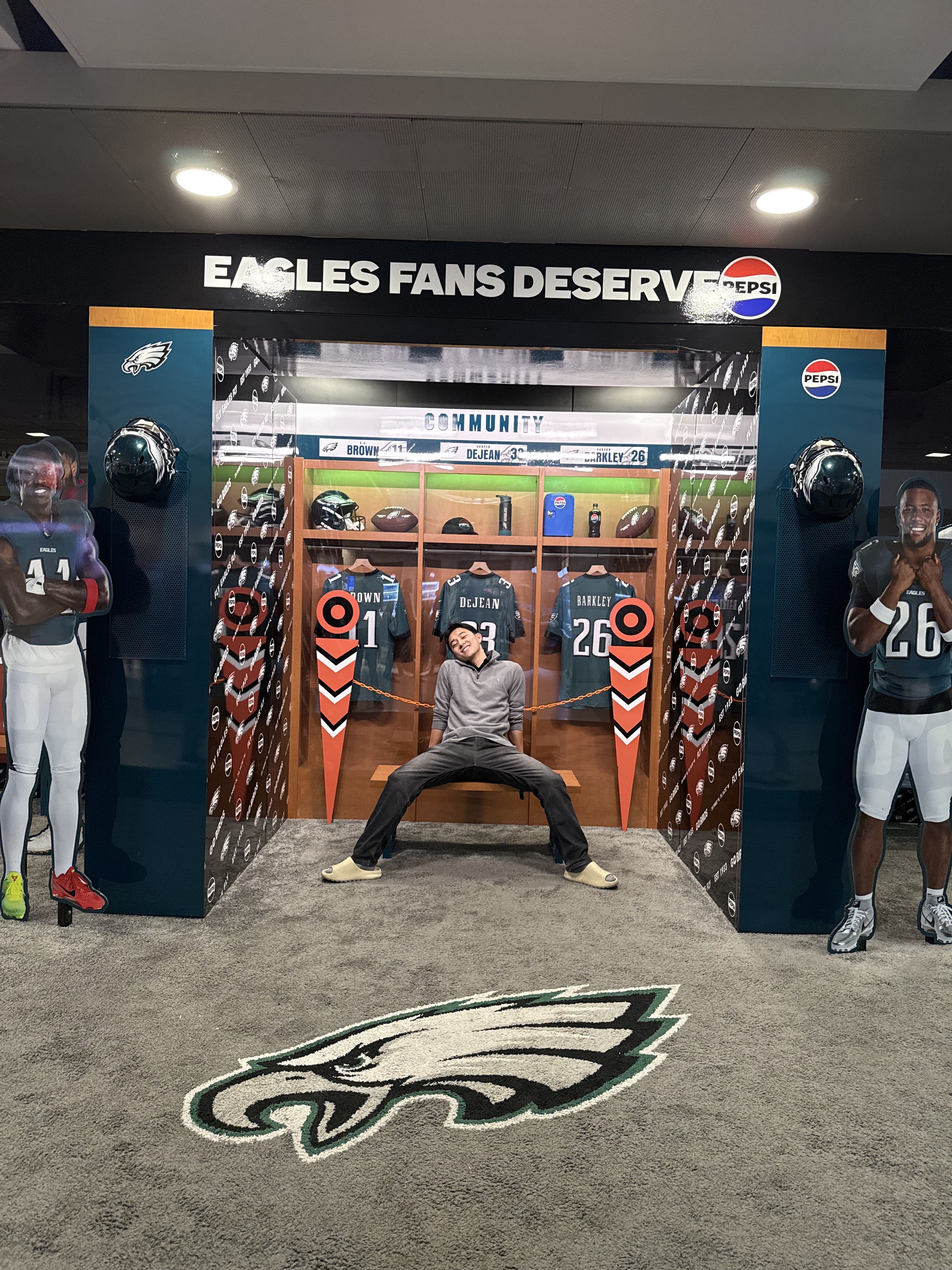 Vince visiting a Philadelphia Eagles fan experience